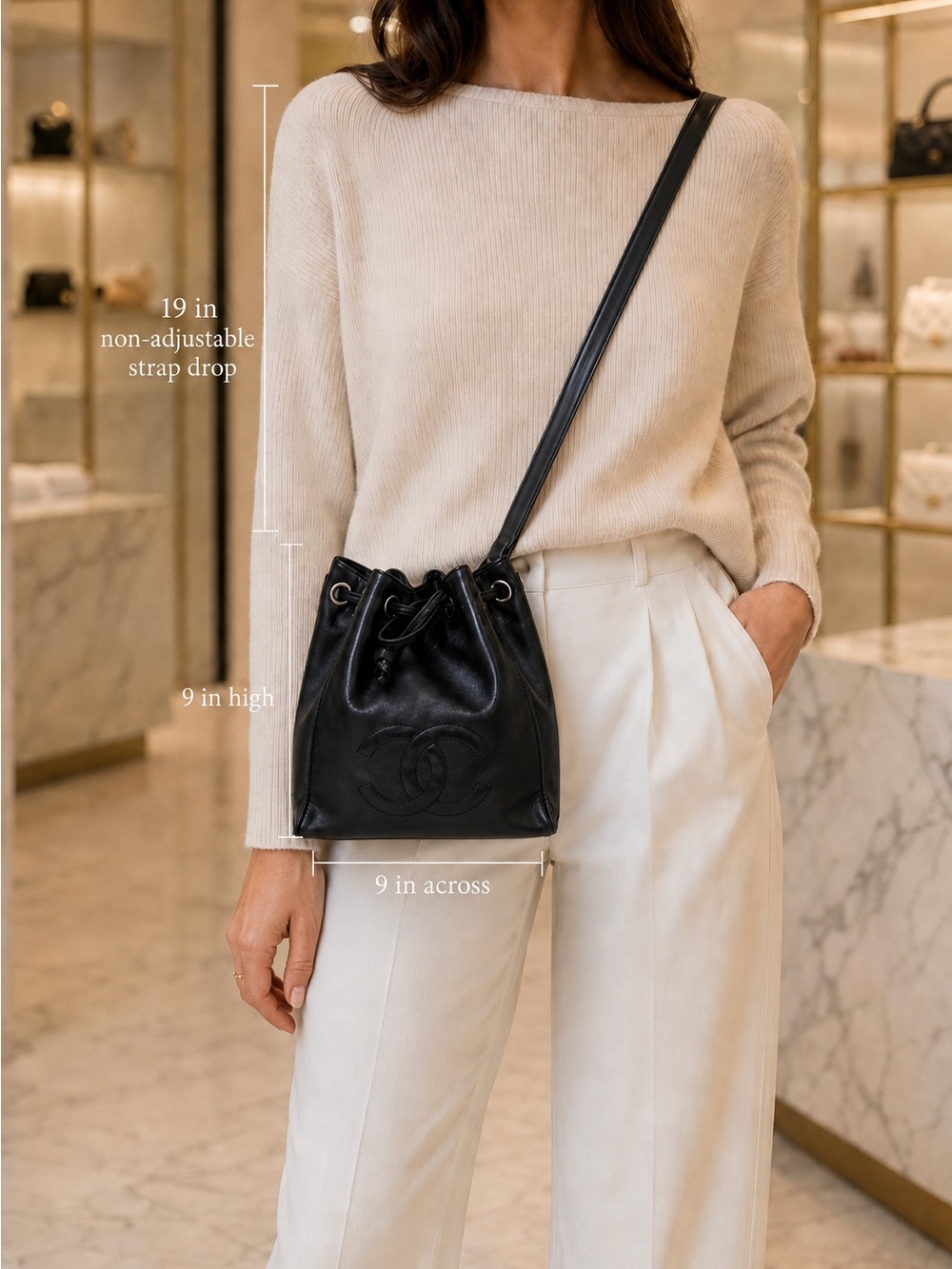 Authentic Chanel CC Drawstring Bucket Crossbody Bag w Authenticity Card & pouch